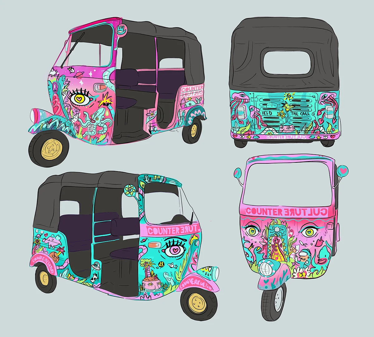 sketches illustration of custom tuk tuk